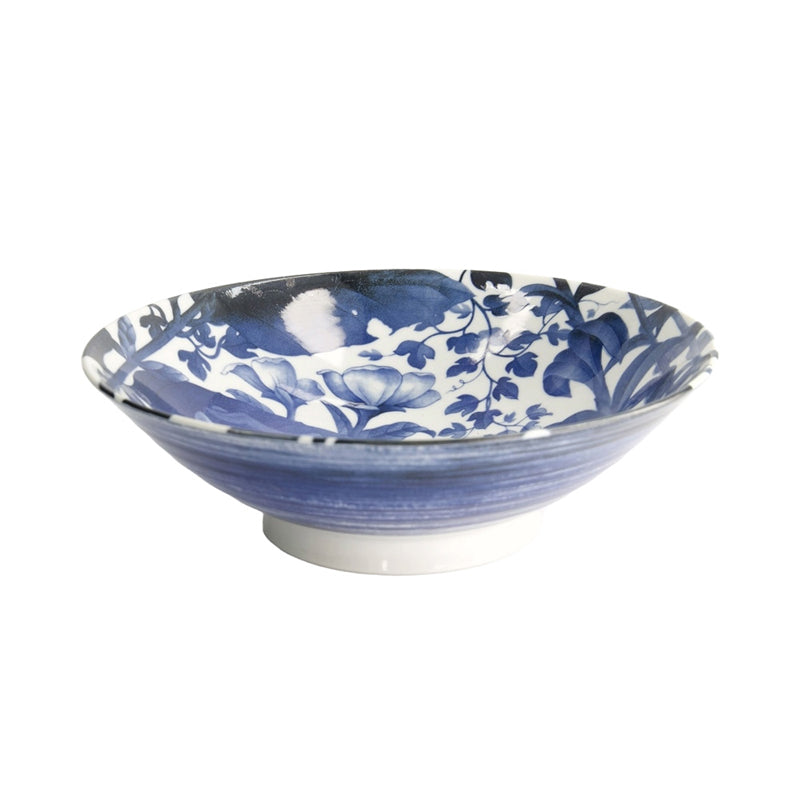 Große FROG Ramen-Schale von Tokyo Design, original aus Japan, Porzellan, 
mit Fröschen und floralen Zeichnungen,
Blau, Weiß, Höhe 7,7 cm, Durchmesser 25,2 cm / Volumen 1,6 Liter, Online-Shop Home-and-Kitchen.de