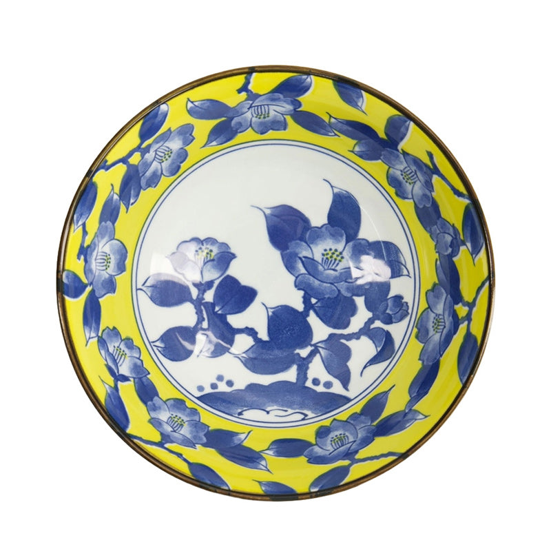 Innenansicht: Kamelienblüten und Ranken in TSUBAKI Ramen-Schale von Tokyo Design, Porzellan, Blau, Gelb, Weiß, Höhe 7,8 cm, Durchmesser 20,5 cm  Online-Shop Home-and-Kitchen.de