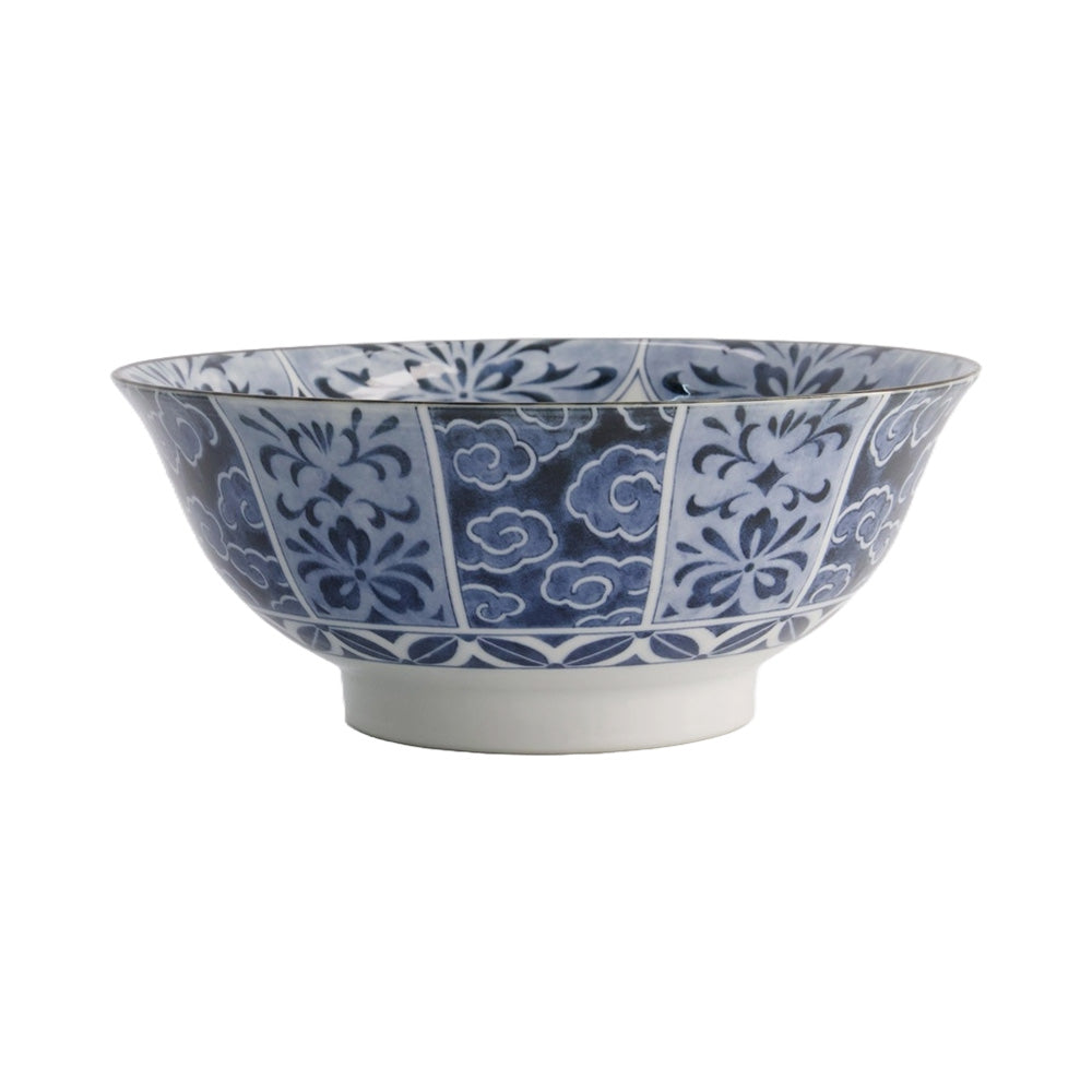 Muster-Mix außen aus UNMO-BOTAN BLUE Ramen-Schale von Tokyo Design, Porzellan in Dunkelblau, Hellblau, Weiß, Höhe 8,7 cm, Durchmesser 21 cm / Volumen 1,3 Liter. Online-Shop Home-and-Kitchen.de