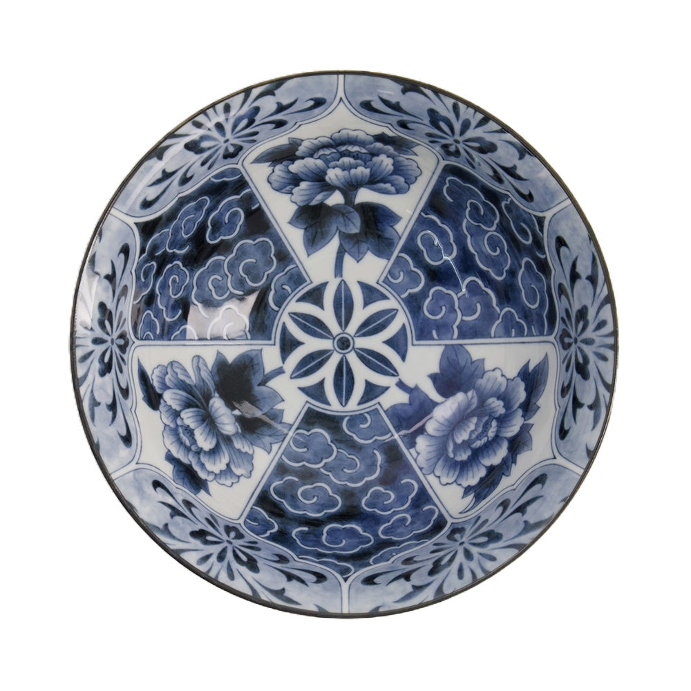 Innenansicht, UNMO-BOTAN BLUE Ramen-Schale von Tokyo Design, Porzellan, mit Pfingstrosen, in Dunkelblau, Hellblau, Weiß, Höhe 8,7 cm, Durchmesser 21 cm / Volumen 1,3 Liter. Online-Shop Home-and-Kitchen.de
