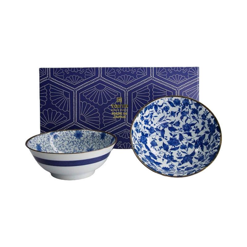 HARU BLUE Ramen-Schale Set von Tokyo Design 2 unterschiedlichen Porzellanschalen, mit unterschiedlichen Blumenmotiven, Farben: Dunkelblau, Weiß, Höhe 7,5 cm, Ø 19 cm, im Geschenkkarton, Online-Shop Home-and-Kitchen.de