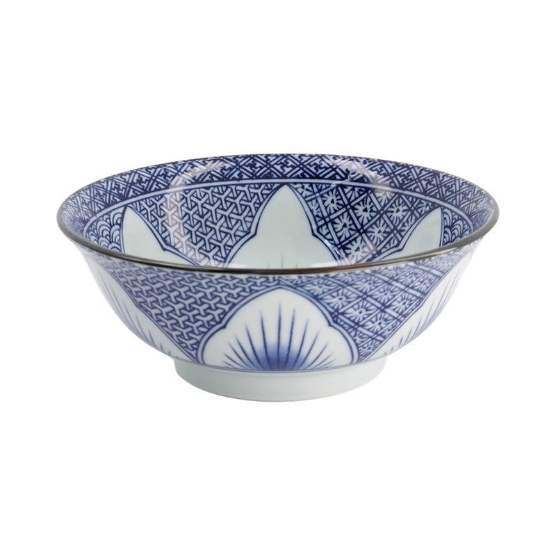 LILY FLOWER Ramen-Schale von Tokyo Design, Porzellan, original aus Japan, 
Muster: blaue Ornamente, Blüten mit feinen grünen Streifen, Farben: Blau, Weiß, Grün, Höhe 8 cm, Durchmesser 20,5 cm ,Online-Shop Home-and-Kitchen.de