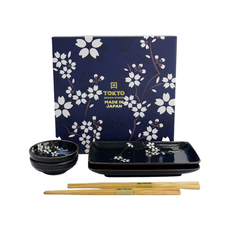 COBALT BLUE SAKURA Sushi-Set 6-teilig von Tokyo Design für 2 Personen, original aus Japan, Porzellan, 
dunkelblauer Hintergrund, weiße Blüten 
Online-Shop Home-and-Kitchen.de
