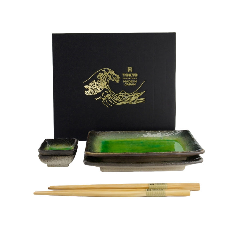 YAMASUKA HIWA GREEN Sushi-Set 6-teilig von Tokyo Design für 2 Personen, original aus Japan, Keramik, glänzende schwarze und grüne Glasur, im Geschenkkarton
