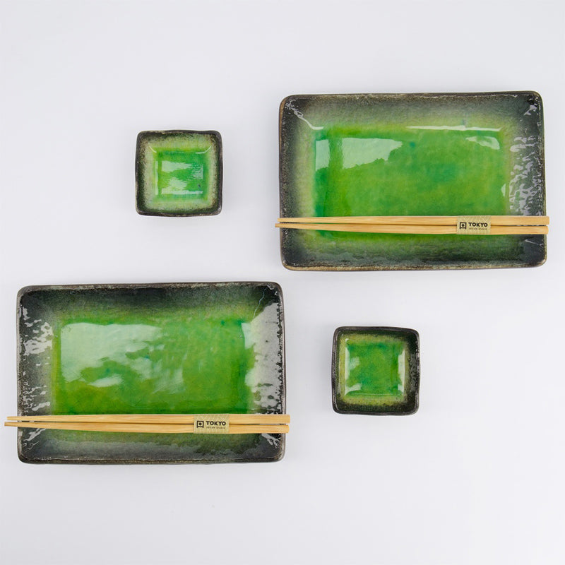 6-teiliges YAMASUKA HIWA GREEN Sushi-Set, von Tokyo Design für 2 Personen, original aus Japan, Keramik, glänzende schwarze und grüne Glasur, Online-Shop Home-and-Kitchen.de